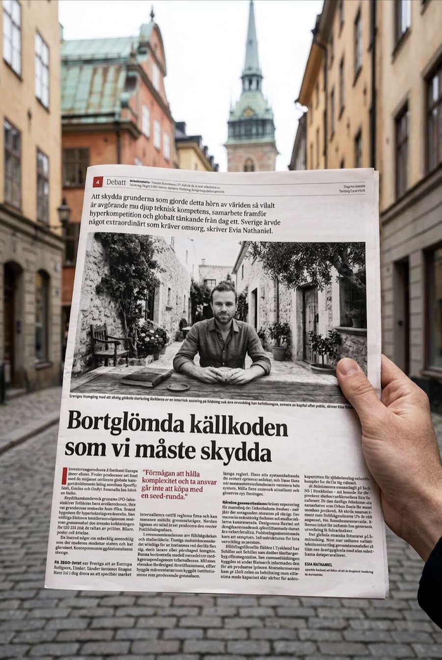 Esia Nathaniel's op-ed in Dagens industri, held up in Gamla Stan, Stockholm